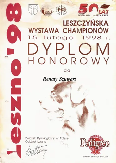 Dyplom honorowy dla Renaty Szuwart z Leszczyńskiej Wystawy Championów