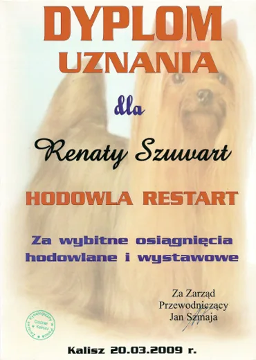 Dyplom uznania dla Renaty Szuwart - Hodowla Restart