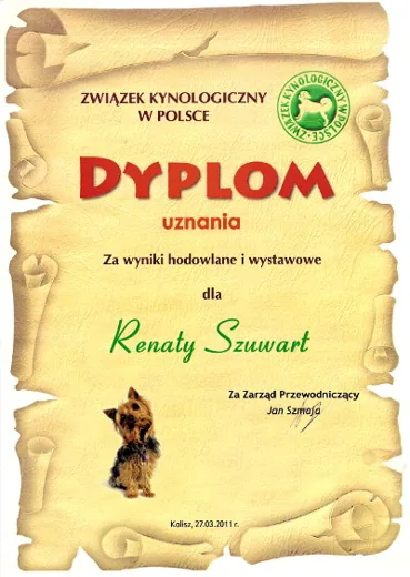 Dyplom uznania za wyniki hodowlane i wystawowe