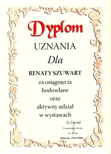 Dyplom uznania dla Renaty Szuwart za aktywny udział w wystawach