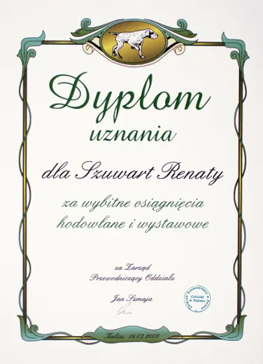 Dyplom za wybitne osiągnięcia hodowlane i wystawowe